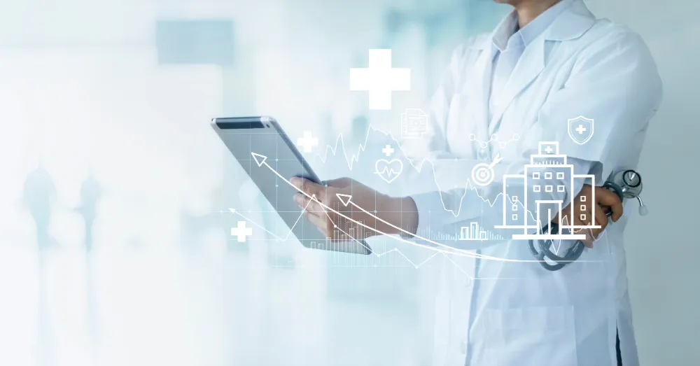 doctor holding tablet with holographic chart doctor holding tablet with holographic chart
