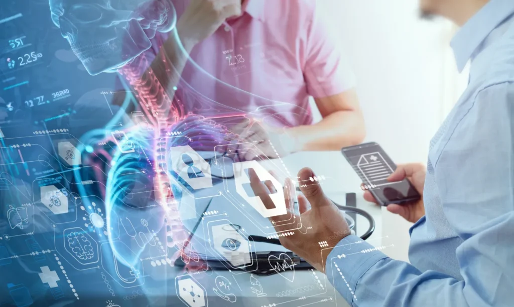 doctor talking to patient with blue holographic data points doctor talking to patient with blue holographic data points