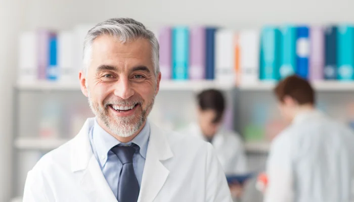 smiling doctor that has gray hair and beard