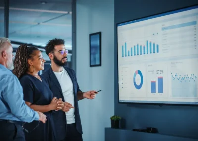 Business team discusses data analytics on a large screen during a corporate meeting, focusing on charts and graphs.