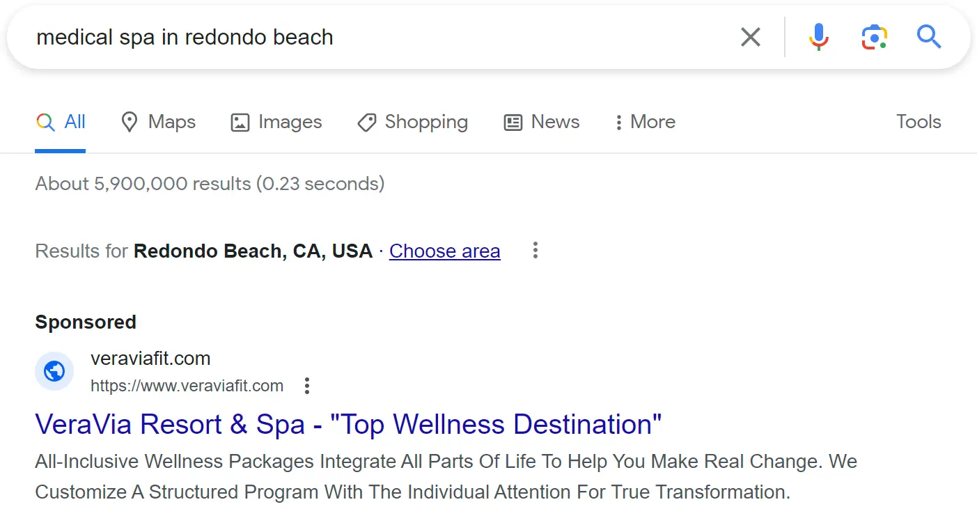 Example of a medical spa marketing paid search ad on Google Maps